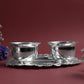 Oval Kumkum Bowl with Plate Set | Metal Haldi Kumkum Holder with Decorative Tray  | Silver Finish