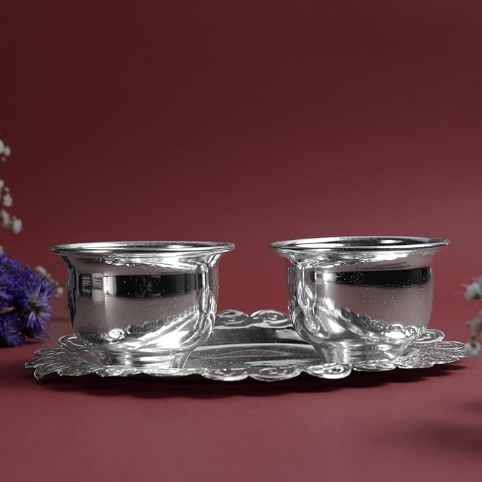 Oval Kumkum Bowl with Plate Set | Metal Haldi Kumkum Holder with Decorative Tray  | Silver Finish