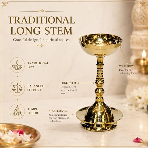 Pure Brass Plain Nanda Bowl Long Table Diya, 5.5 inches, Pack of 2 pcs (with Lavanga - 2pc)