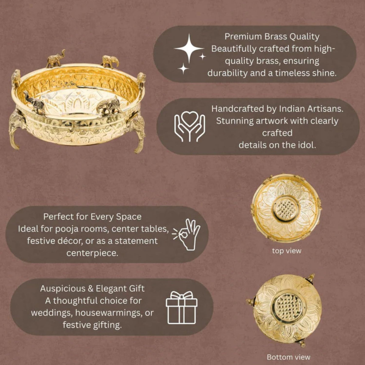 Elephant Carving Urali Bowl 10" | 1180 gm Decorative Brass Bowl & Platter