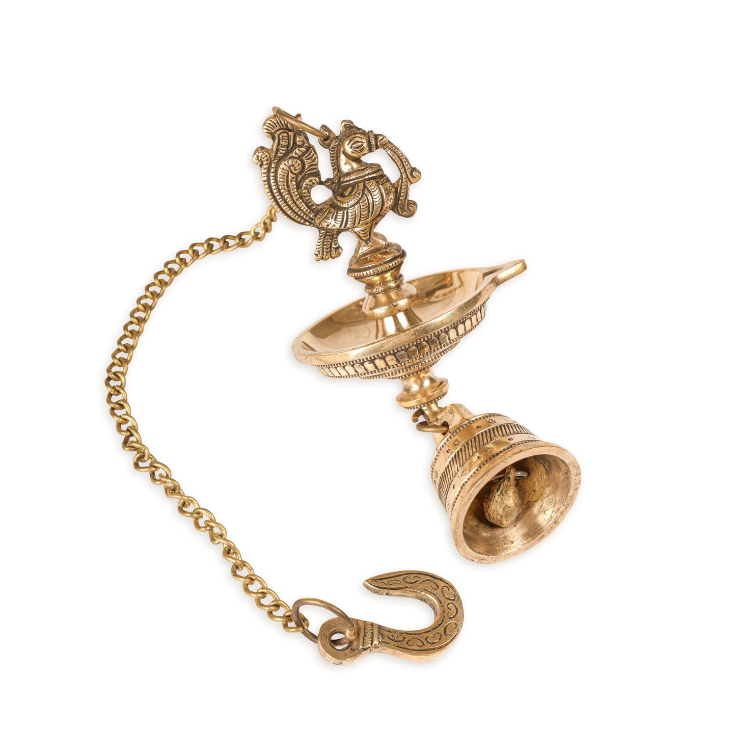 Handcrafted Brass Peacock Hanging Diya with Bell | 1-Wick | Antique Finis, Pack of 1