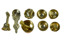 8-Inch Pure Brass Pooja Thali Set with Diyas, kumkum bowls, Aarti stand, Panchpatra with spoon, Karpoor aarti and Bell