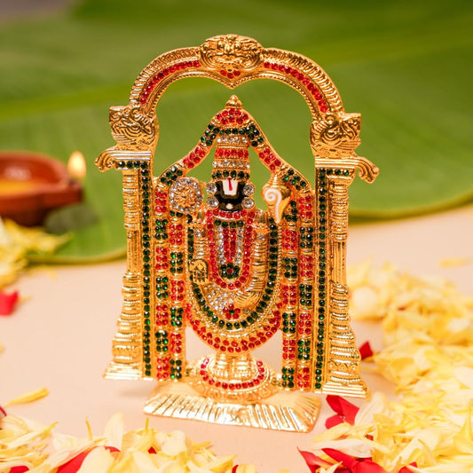 Tirupati Balaji Stone Idol | 4 Inches, Gold (Red Sequins)