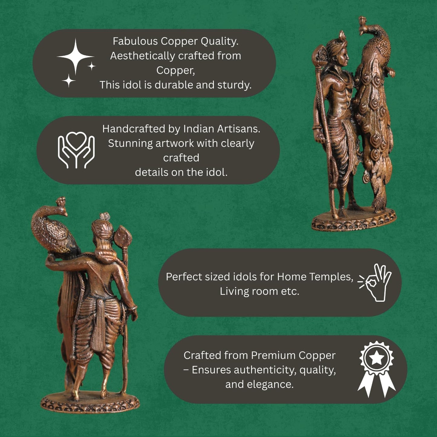 Copper Idol Lord Kartikeya Idol with Peacock | Antique Brass Finish