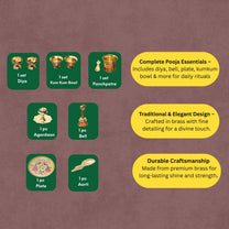 Brass Puja Set | 8 Pcs Traditional Pooja Kit with Diya, Bell, Kalash, Spoon, Bowls & Incense Holder