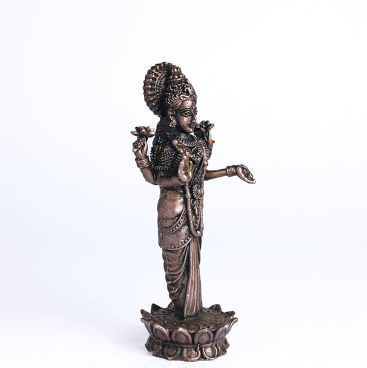 220 gm, 11 inches  Kamal Standing Lakshmi Idol | Antique Finish Metal Goddess Statue for Home Temple |
