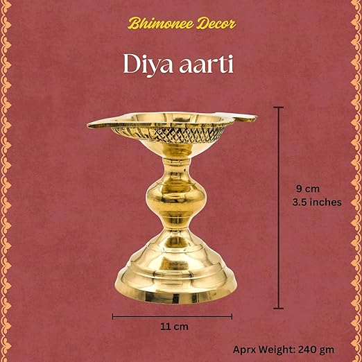 Brass Diya Aarti | 9x11 cm, 240 gm | Traditional Pooja Oil Lamp for Mandir & Festivals | Handcrafted Aarti Deepam with Sturdy Base | Decorative Spiritual Home & Temple Accessory