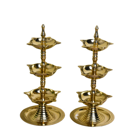 Pure Brass 3-Layer Kerala Diya, 6 Inches (Pair)