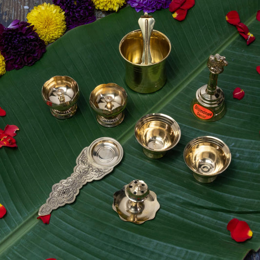 Brass Puja Set | 8 Pcs Traditional Pooja Kit with Diya, Bell, Kalash, Spoon, Bowls & Incense Holder