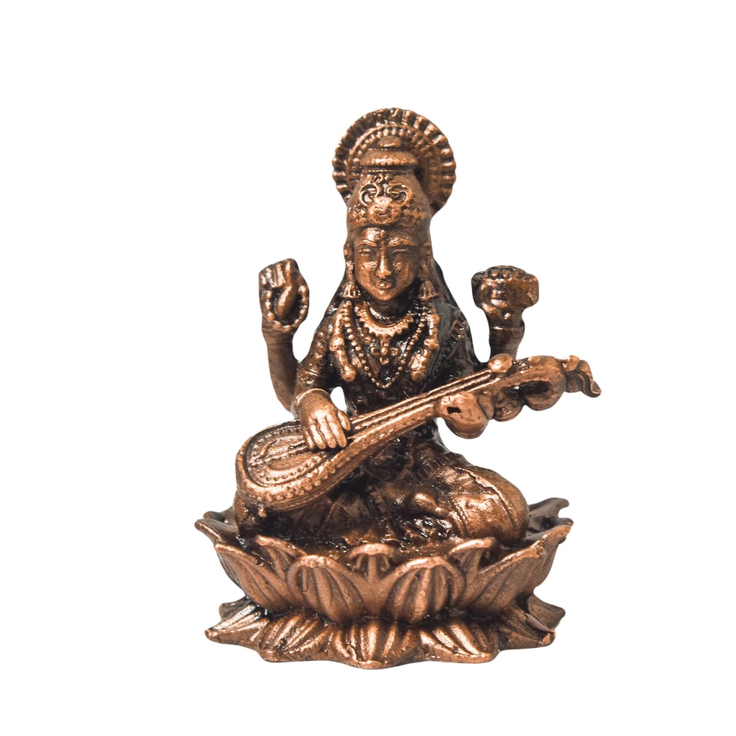 Copper Saraswati Idol with Patina Antique Finish, 1.7-Inch