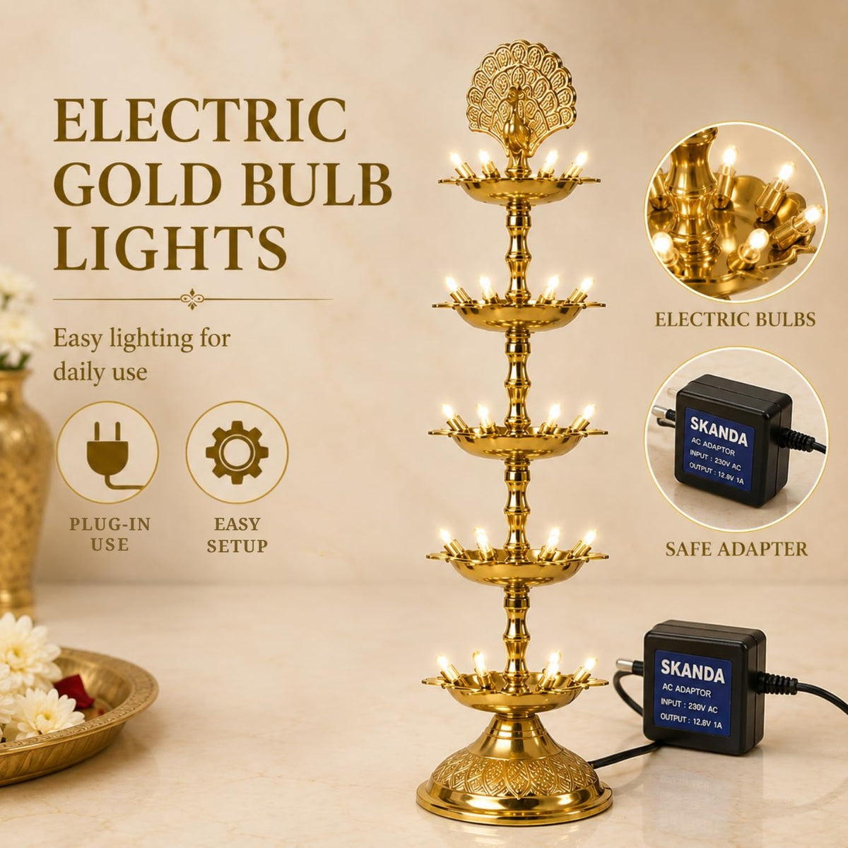 Pure Brass 5 Step Electric Gold Bulb Lights Diya | Deep | Deepak for Pooja | Puja | Mandir | Diwali Festival Decoration | Pair | with Golden Polish for no Colour Fading