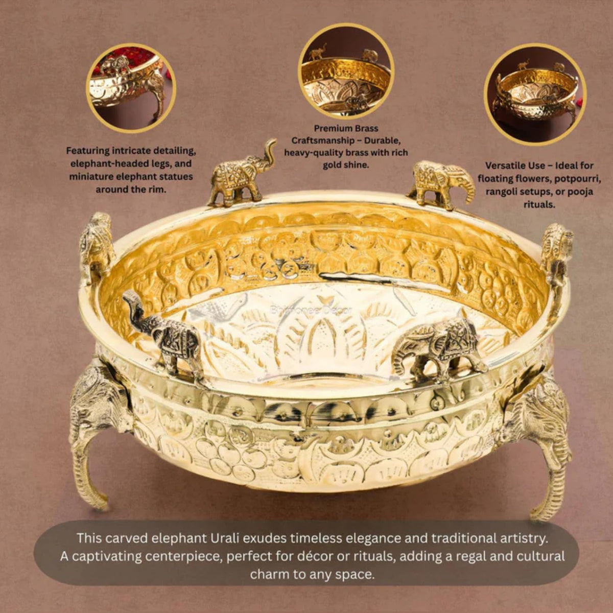 Elephant Carving Urali Bowl 10" | 1180 gm Decorative Brass Bowl & Platter