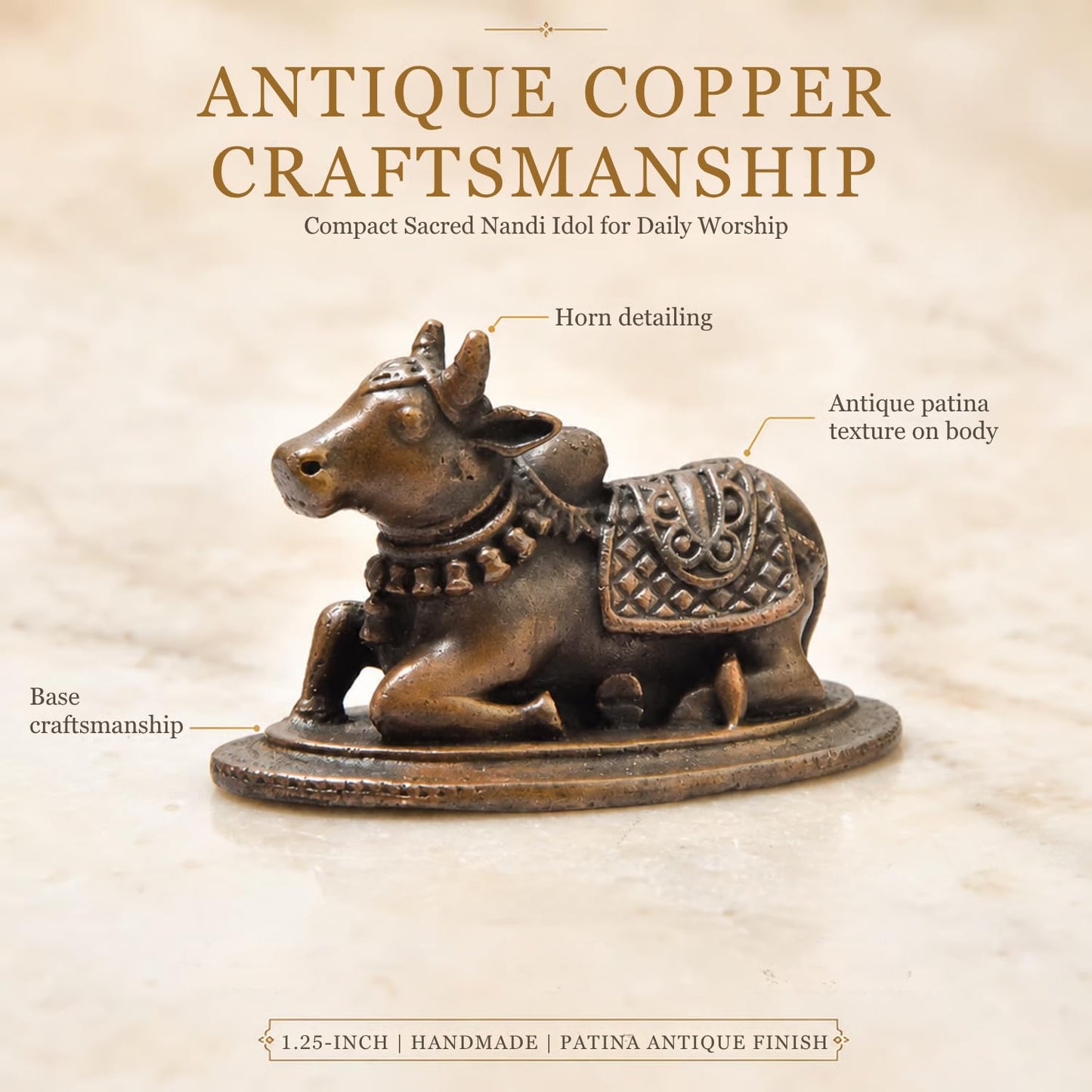 Copper Nandi Idol, 1.25 inches, 60 Grams, Patina Antique Finish