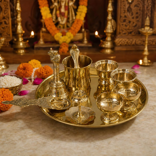 8-Inch Pure Brass Pooja Thali Set with Diyas, kumkum bowls, Aarti stand, Panchpatra with spoon, Karpoor aarti and Bell