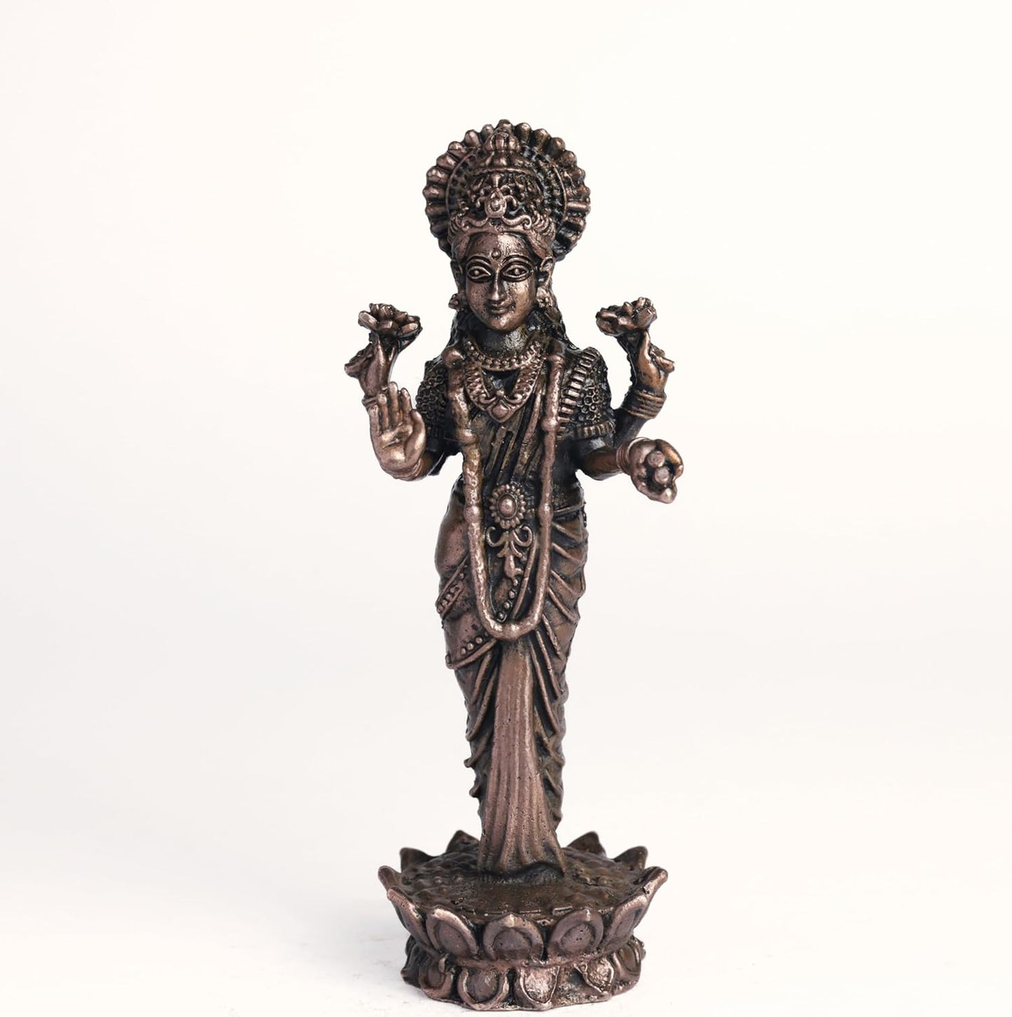220 gm, 11 inches  Kamal Standing Lakshmi Idol | Antique Finish Metal Goddess Statue for Home Temple |