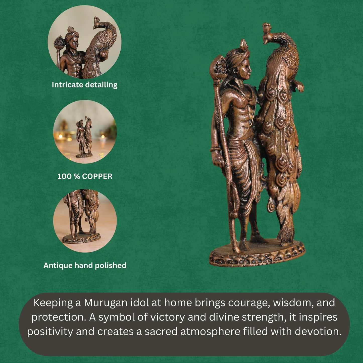 Copper Idol Lord Kartikeya Idol with Peacock | Antique Brass Finish