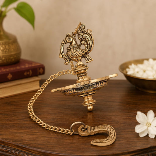 Brass Peacock Hanging Diya | 5-Wick | Antique Finish | Pack of 1