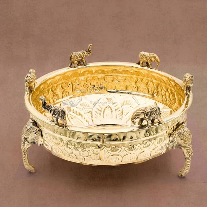 Elephant Carving Urali Bowl 10" | 1180 gm Decorative Brass Bowl & Platter