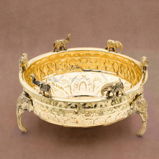 Elephant Carving Urali Bowl 10" | 1180 gm Decorative Brass Bowl & Platter