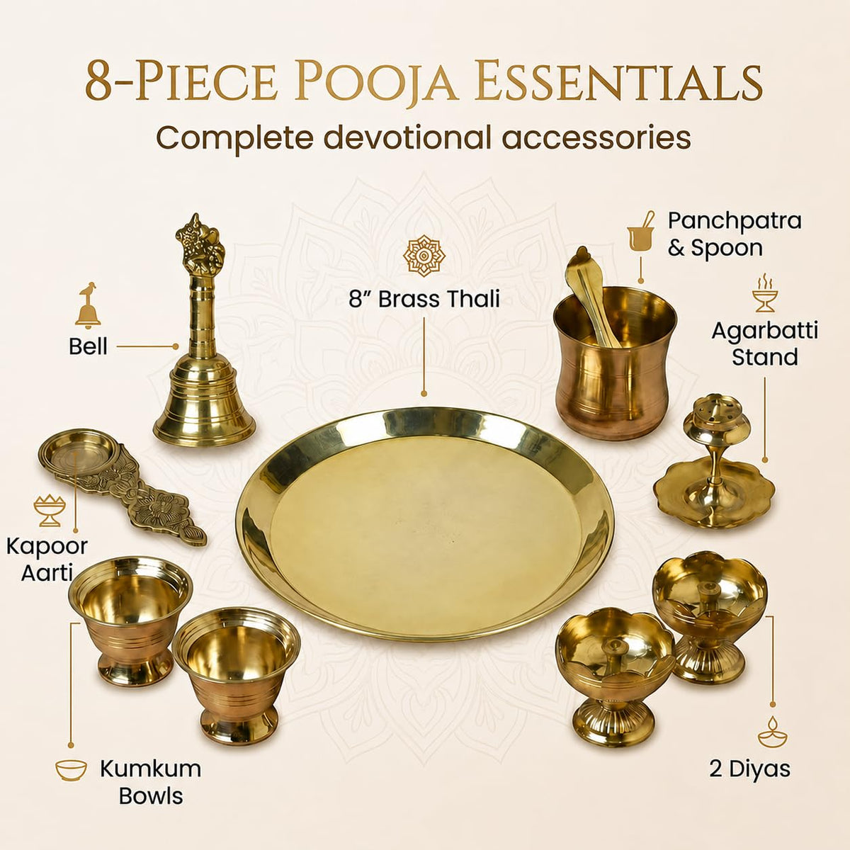 8-Inch Pure Brass Pooja Thali Set with Diyas, kumkum bowls, Aarti stand, Panchpatra with spoon, Karpoor aarti and Bell
