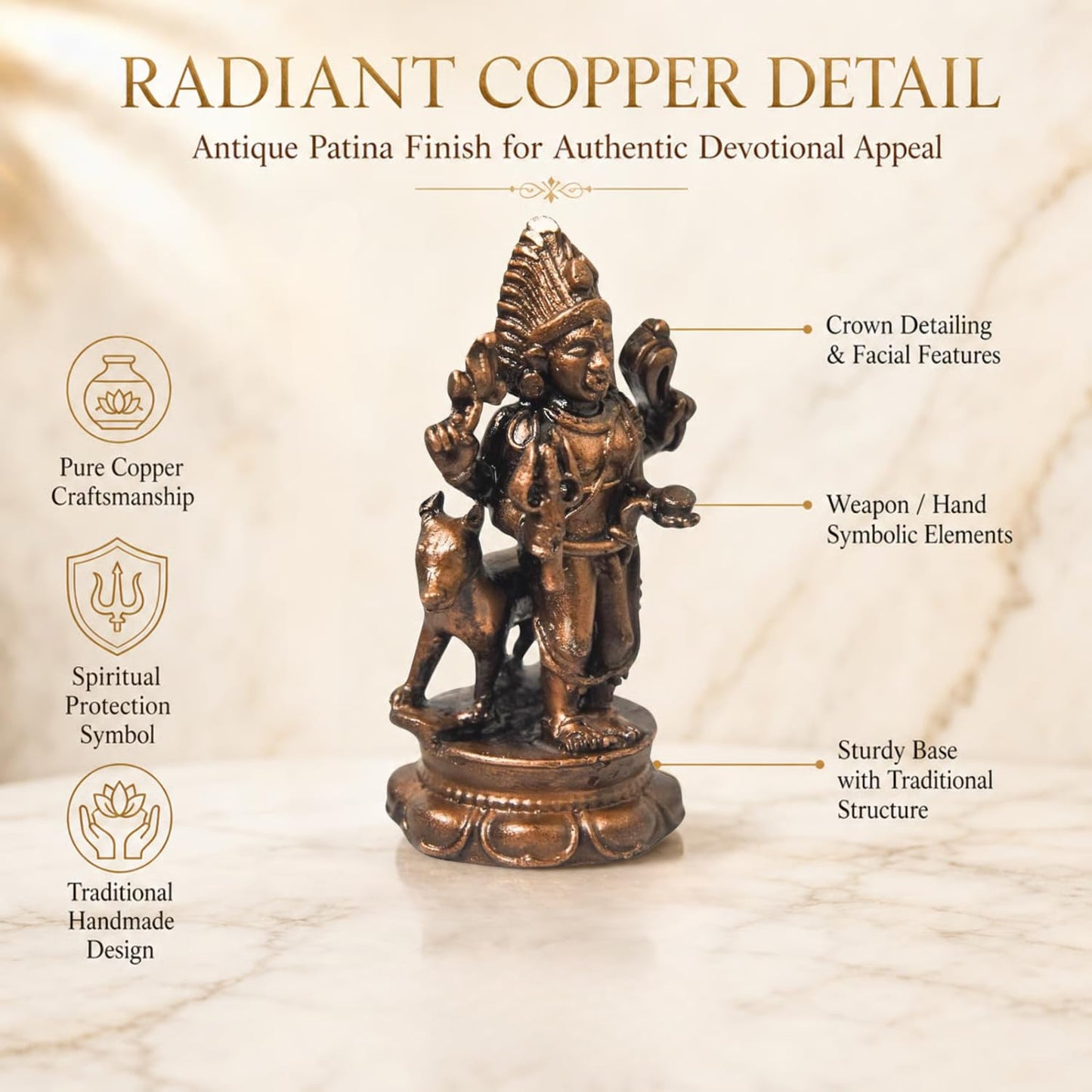 Copper Kalabhairava Idol with Patina Antique Finish, 2.4-Inch