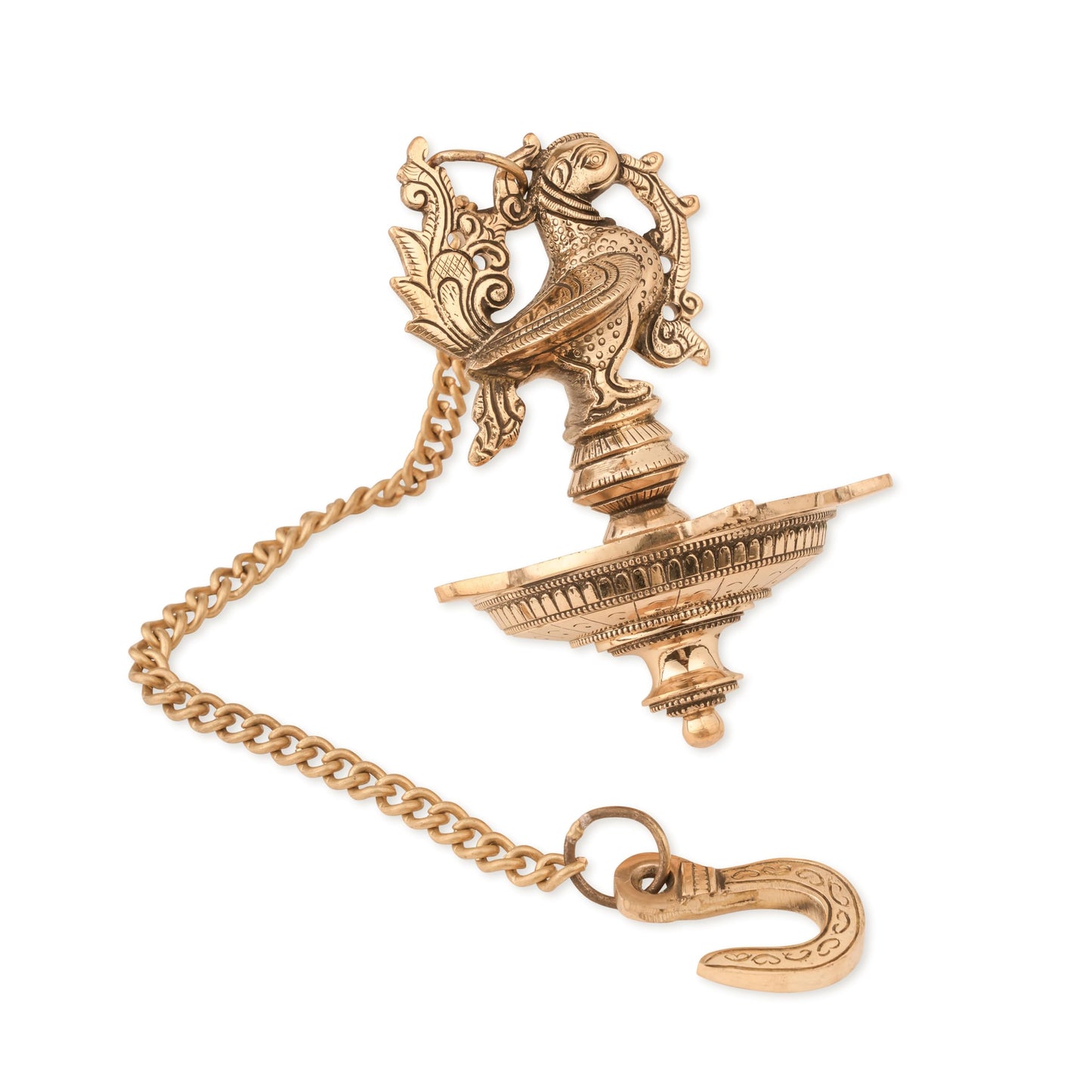 Brass Hanging Diya – Ethnic Peacock Design with 5 Oil Wicks (Medium, Pack of 1)