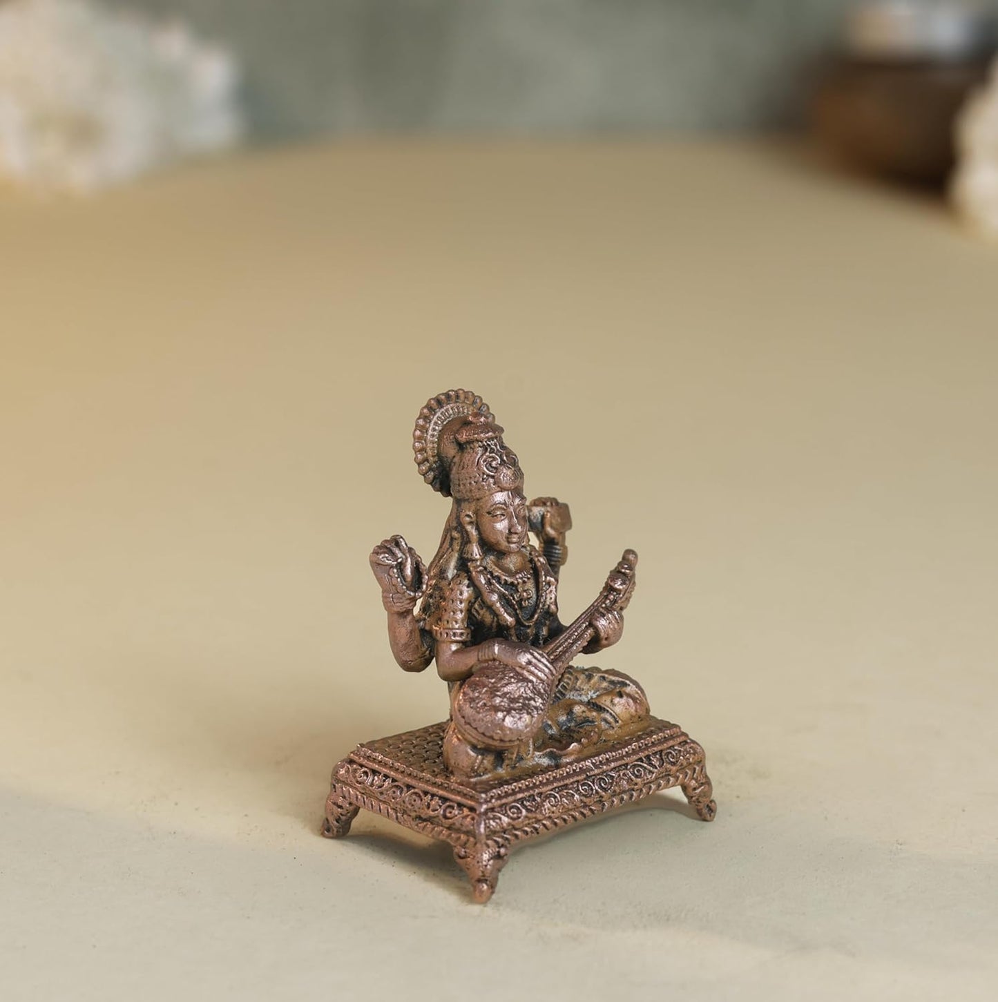 Peeta Saraswati Idol | 60 gm,5 inches  Saraswati Murti | Antique Finish Metal God Statue for Home Temple
