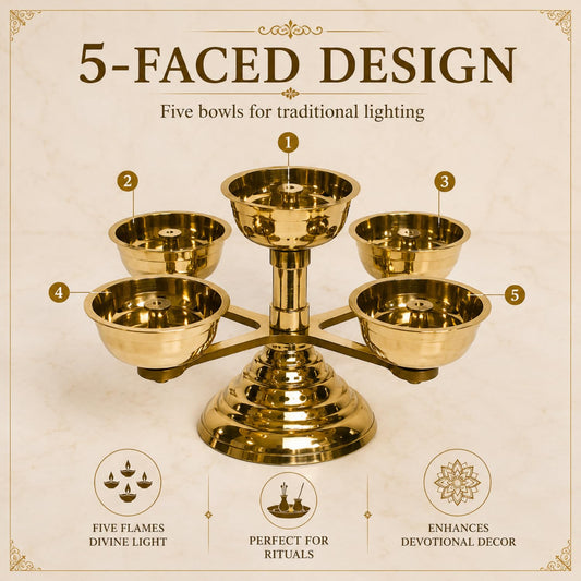 Pure Brass 5 Faced Ethnic Panchadeep bhadradeepam, 1.75 inches