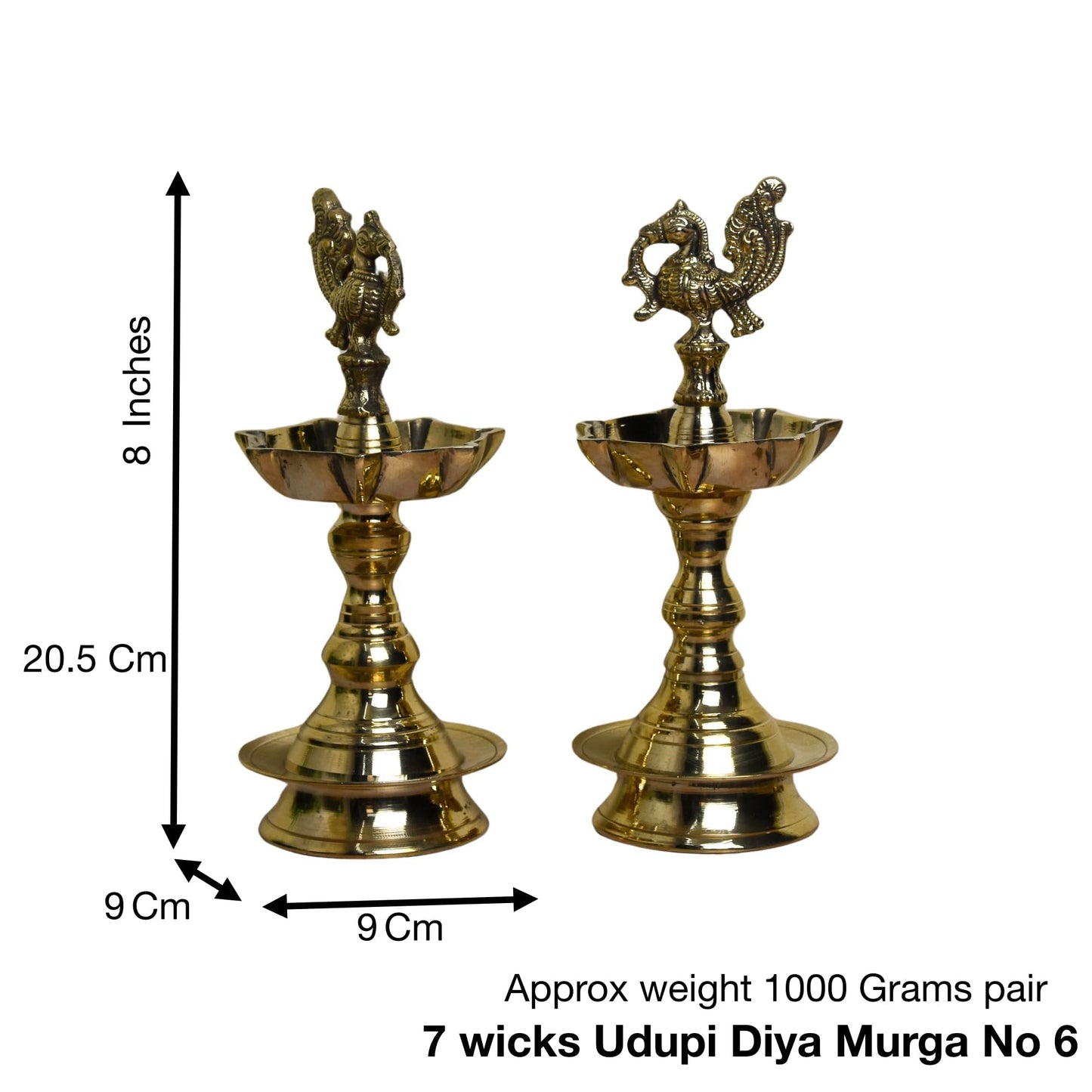 Pure Brass Udupi Diya with 7 Wicks – Murga Design, 4 Inches, Pack of 1 Pair