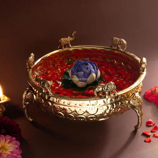 Elephant Carving Urali Bowl 10" | 1180 gm Decorative Brass Bowl & Platter