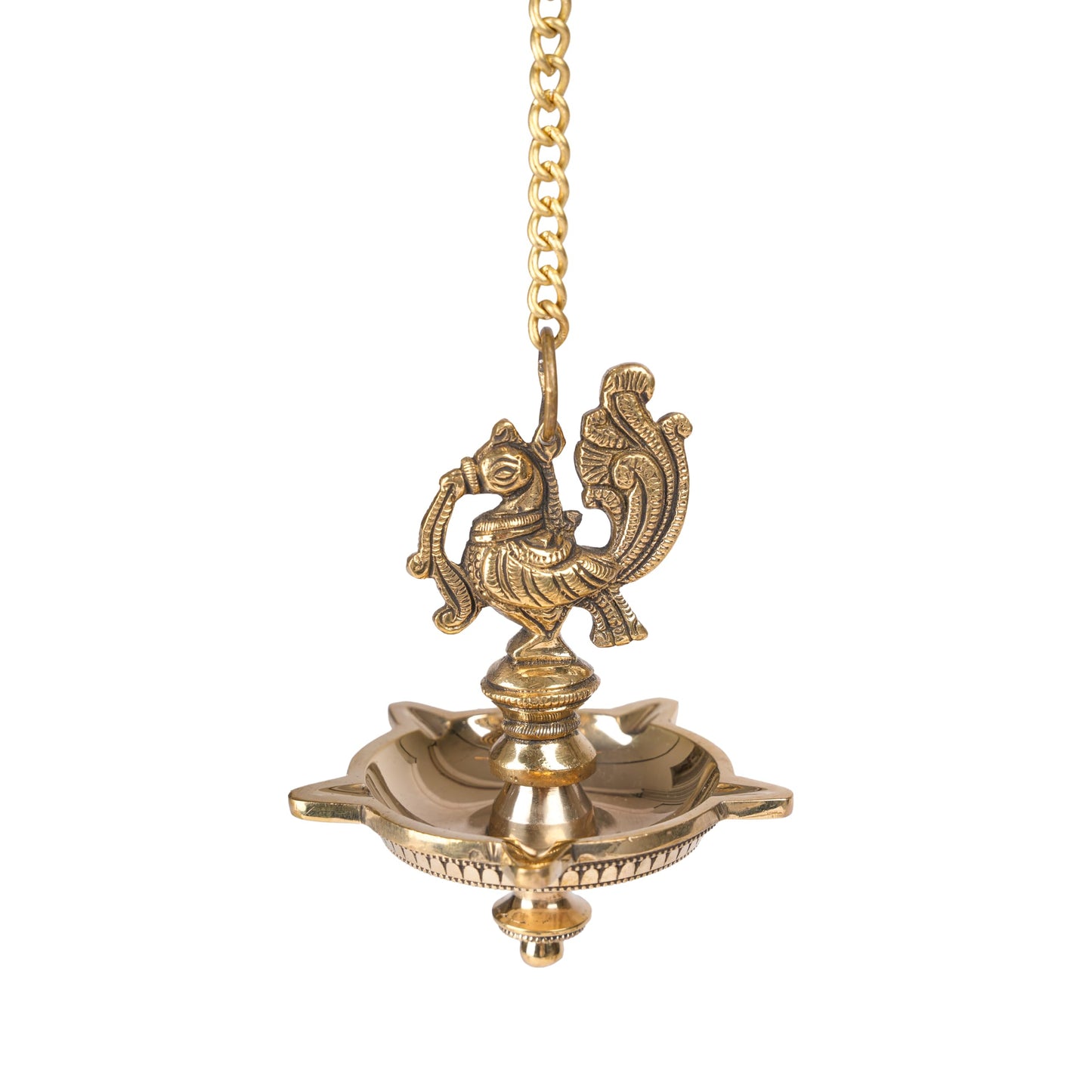 Brass Peacock Hanging Diya | 5-Wick | Antique Finish | Pack of 1