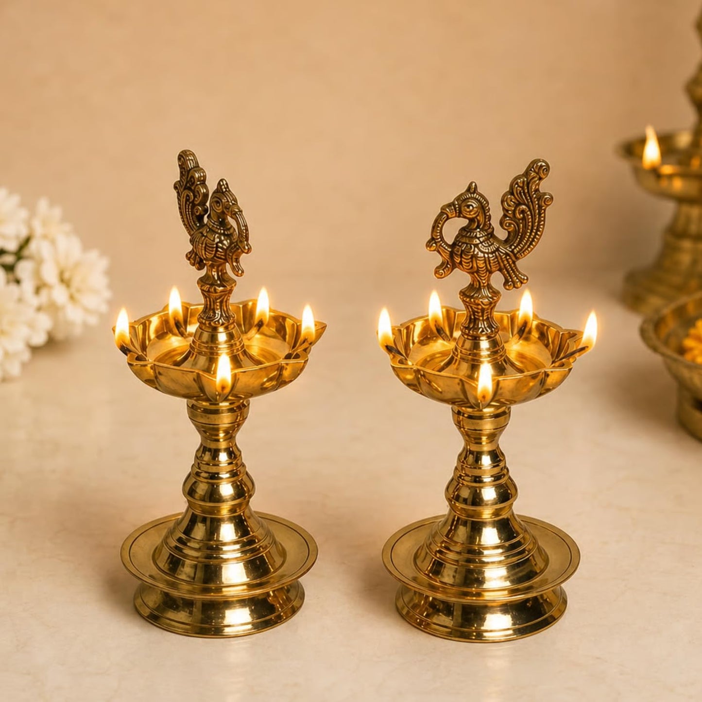 Pure Brass Udupi Diya with 7 Wicks – Murga Design, 4 Inches, Pack of 1 Pair