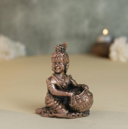 Bal Krishna Idol with Matki | 200 gm ,6.5 inches Krishna Murti | Antique Finish Metal God Statue for Home Temple