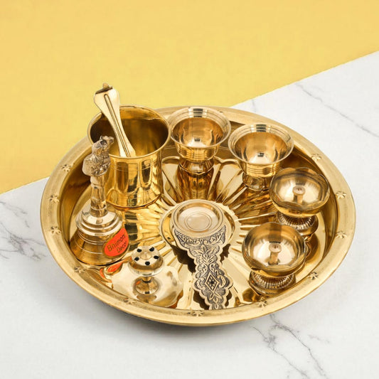 Brass Puja Thali Set | 8 Pcs Traditional Pooja Plate with Diyas, Bell, Kalash, Spoon & Bowls