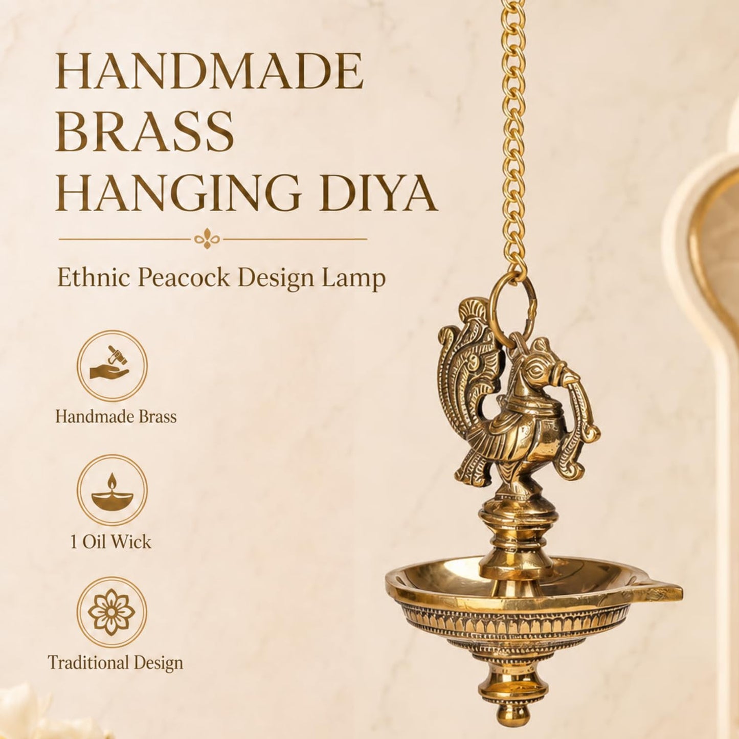 Brass Peacock Hanging Diya | 5-Wick | Antique Finish | Pack of 1