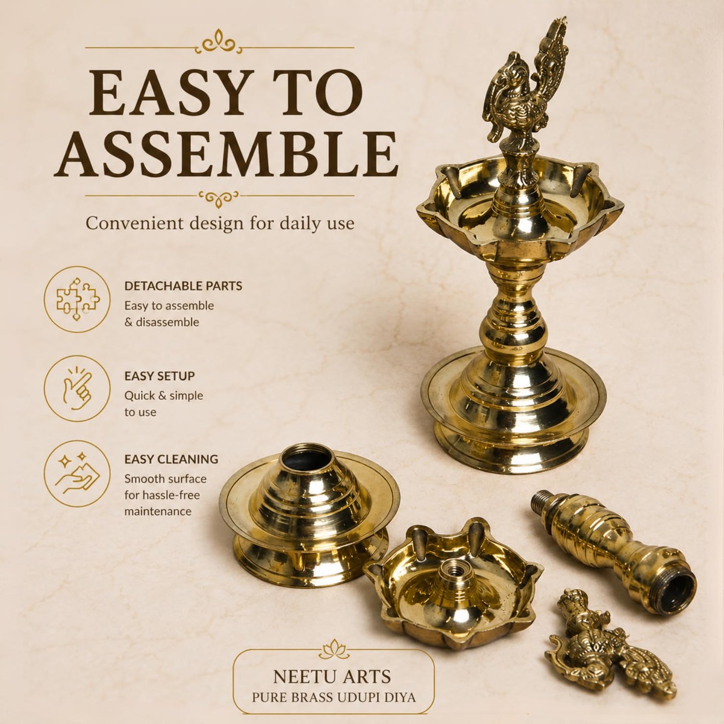 Pure Brass Udupi Diya with 7 Wicks – Murga Design, 4 Inches, Pack of 1 Pair