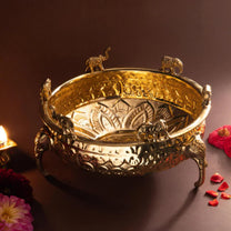 Elephant Carving Urali Bowl 10" | 1180 gm Decorative Brass Bowl & Platter