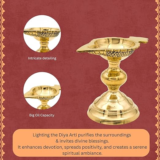 Brass Diya Aarti | 9x11 cm, 240 gm | Traditional Pooja Oil Lamp for Mandir & Festivals | Handcrafted Aarti Deepam with Sturdy Base | Decorative Spiritual Home & Temple Accessory