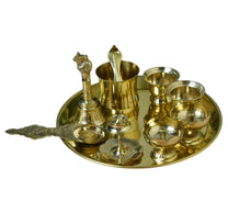 8-Inch Pure Brass Pooja Thali Set with Diyas, kumkum bowls, Aarti stand, Panchpatra with spoon, Karpoor aarti and Bell