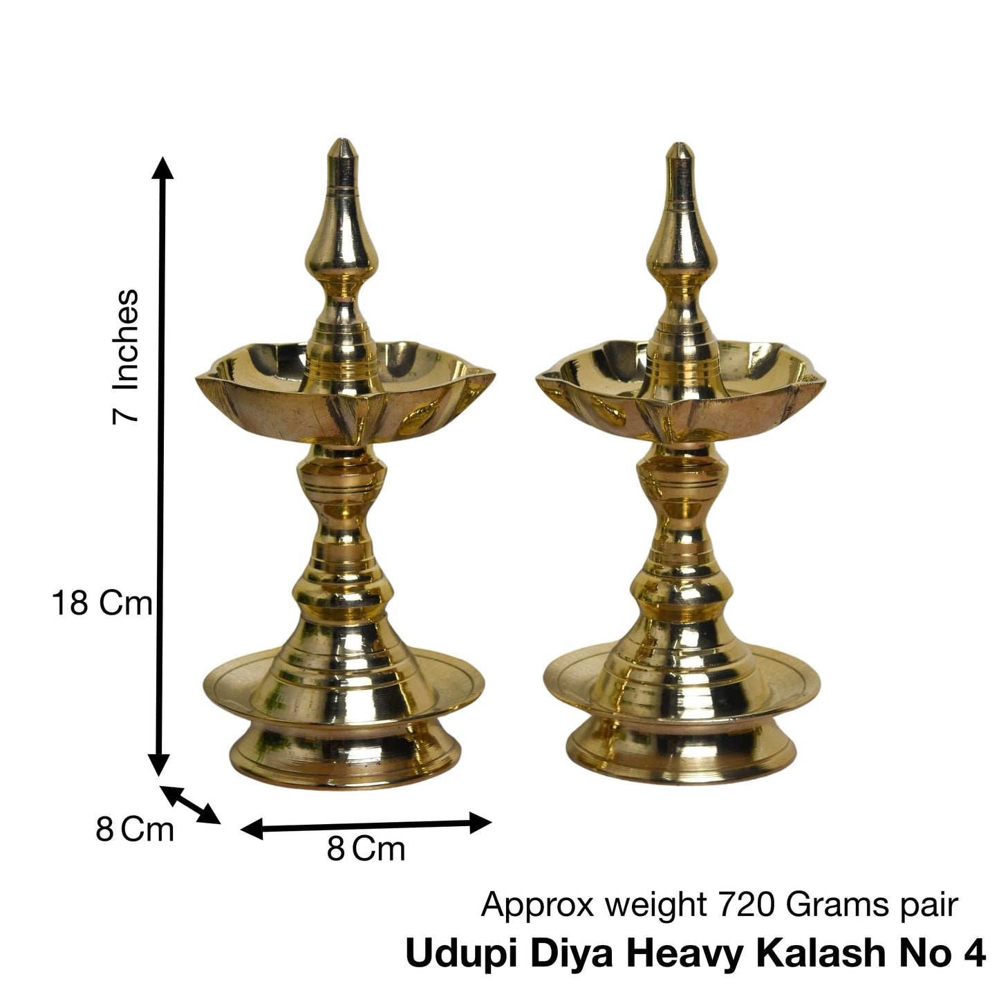Brass Short Udupi Diya Heavy, 7 inches, Brass Colour, Pack of 1 Pair