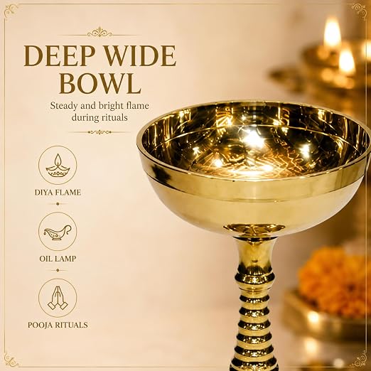 Pure Brass Plain Nanda Bowl Long Table Diya, 5.5 inches, Pack of 2 pcs (with Lavanga - 2pc)
