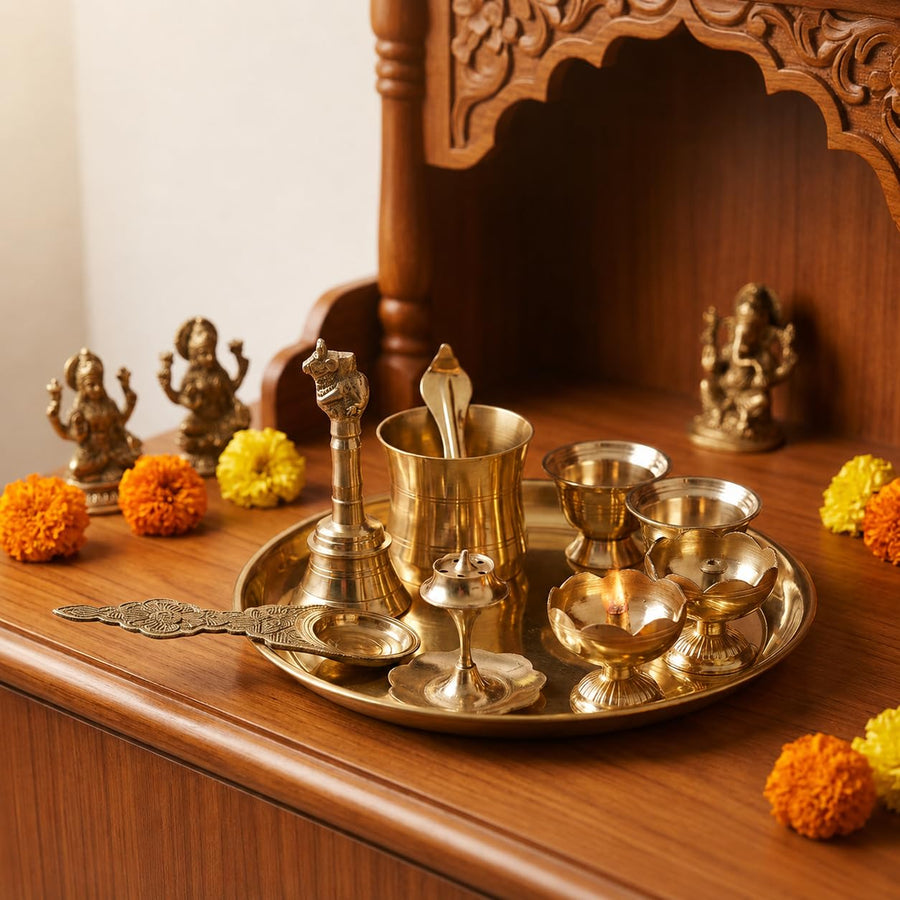 8-Inch Pure Brass Pooja Thali Set with Diyas, kumkum bowls, Aarti stand, Panchpatra with spoon, Karpoor aarti and Bell