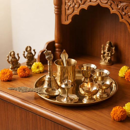 8-Inch Pure Brass Pooja Thali Set with Diyas, kumkum bowls, Aarti stand, Panchpatra with spoon, Karpoor aarti and Bell