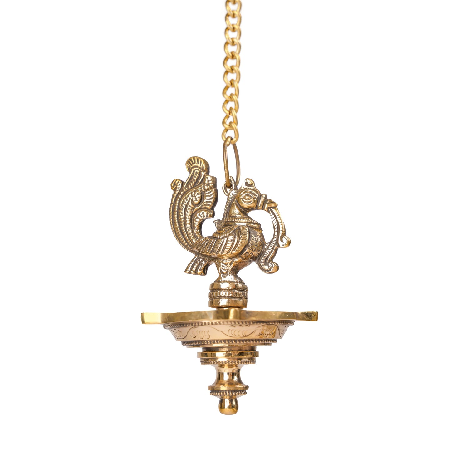 Brass Hanging Diya with Ethnic Peacock Design | 5 Oil Wick | Antique Finish