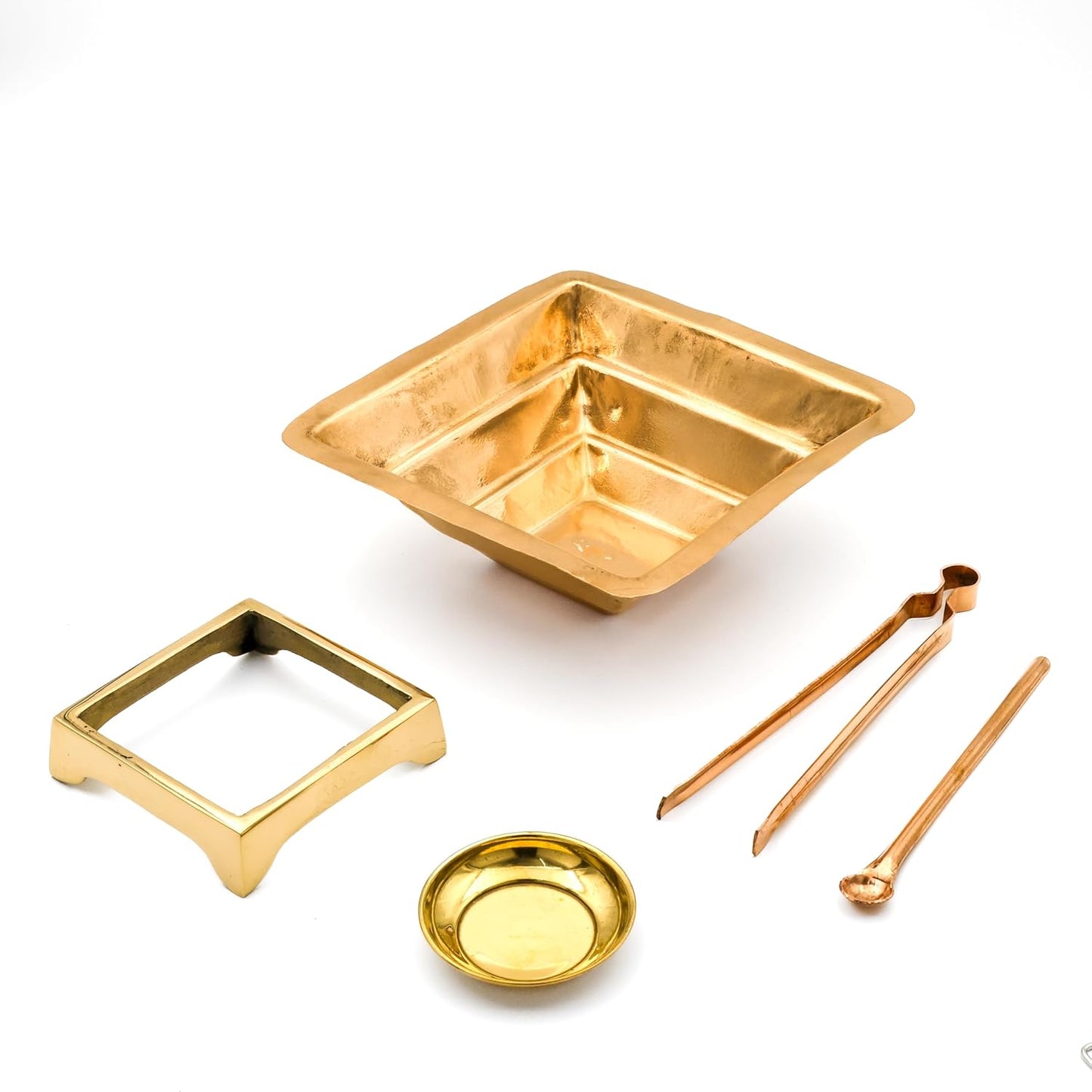 Small Havan Kund Brass Pooja Set | 17 x 17 cm, 410 gm Traditional Handcrafted Havan Patra with Stand, Spoon, Plate & Tong