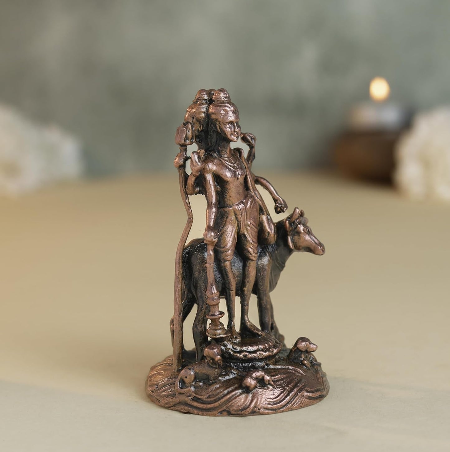 Dattatreya Idol | 160 gm ,8 inches Round Base Murti | Antique Finish Metal God Statue for Home Temple |