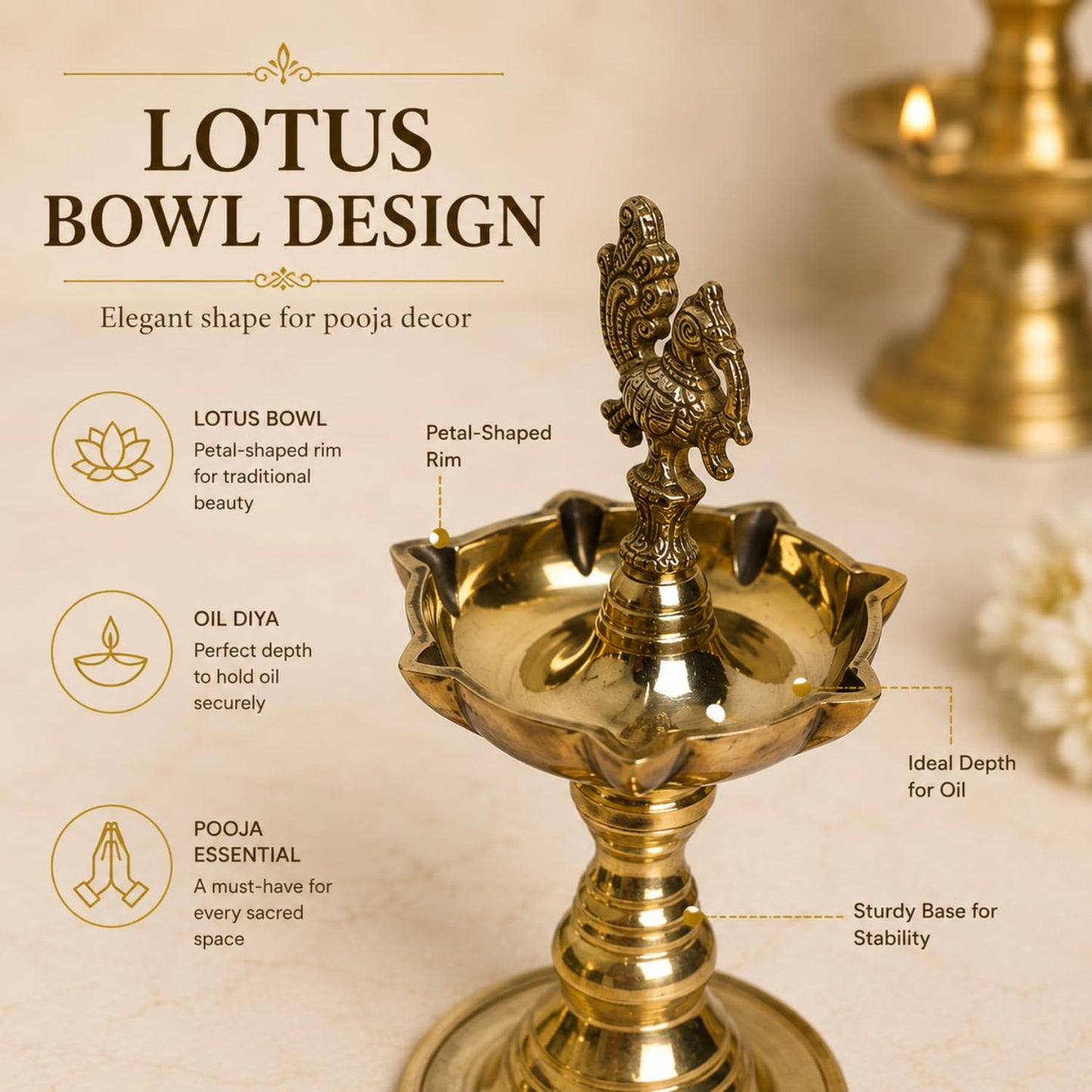 Pure Brass Udupi Diya with 7 Wicks – Murga Design, 4 Inches, Pack of 1 Pair