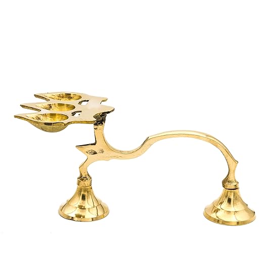 Big 3 Wicks JJ Aarthi Brass Oil Lamp |18x11 cm, 260 gm Traditional Handcrafted Pooja Deepam for Mandir & Festivals | Decorative Spiritual Home & Temple Accessory