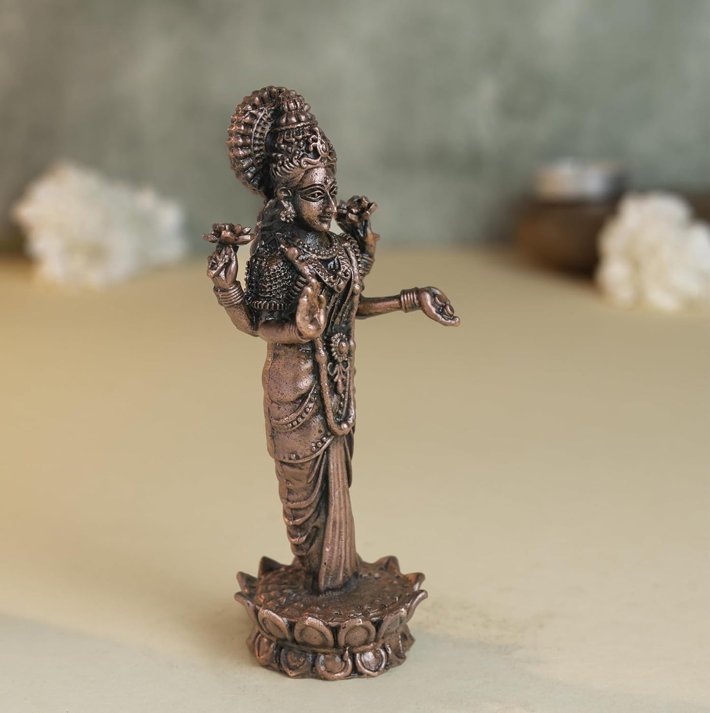 220 gm, 11 inches  Kamal Standing Lakshmi Idol | Antique Finish Metal Goddess Statue for Home Temple |