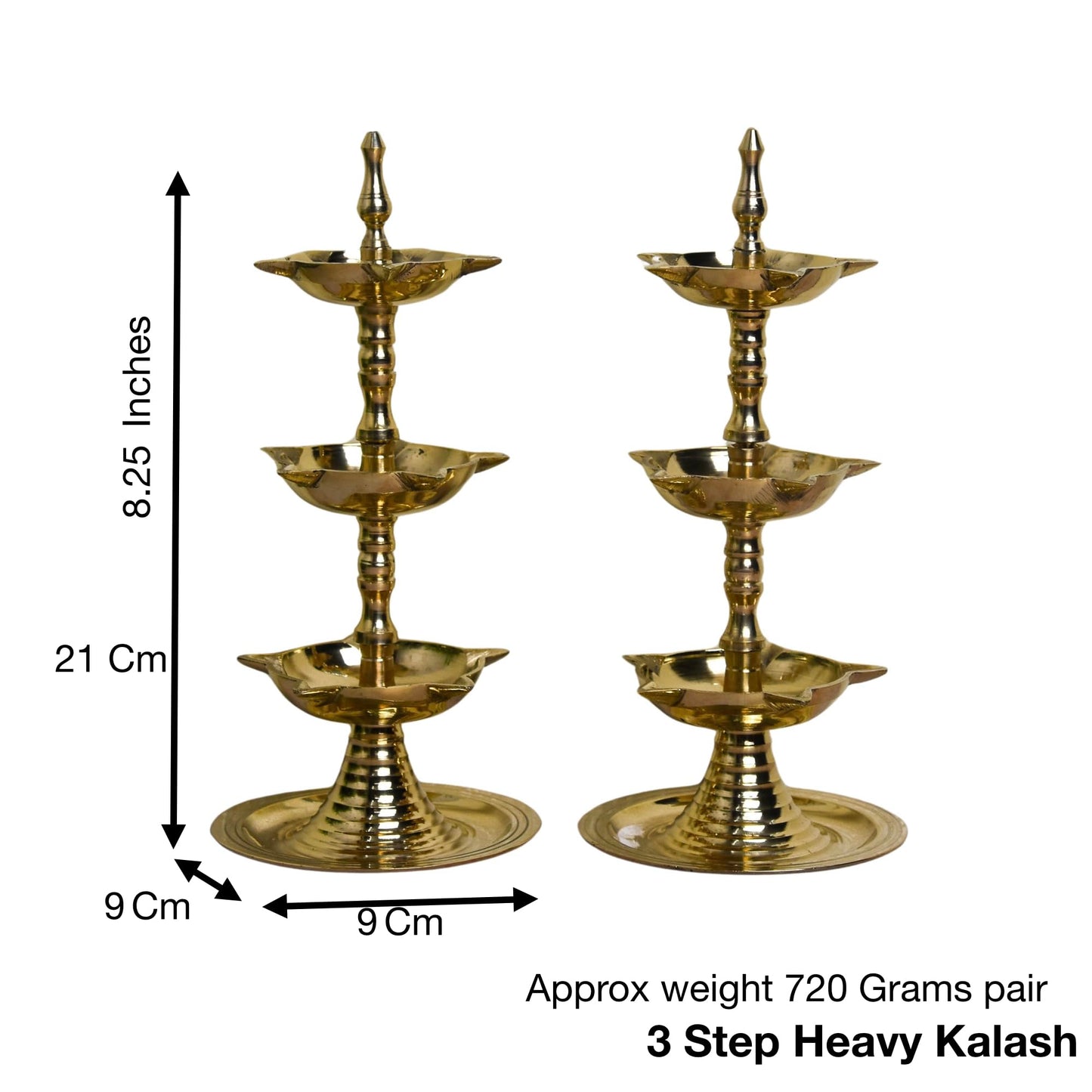 Pure Brass 3-Layer Kerala Diya, 6 Inches (Pair)